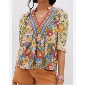 NWT Anthropologie Bl^nk Stephanie Embroidered Floral V-Neck Blouse Size L